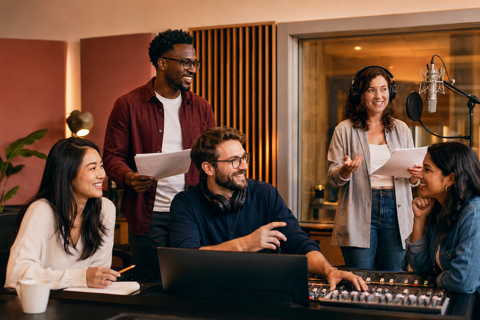 Voice actors and an engineer collaborating in a dubbing studio